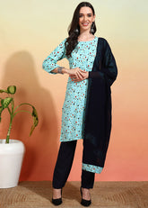 Women's Crepe Printed Straight Kurta Pant With Dupatta-ME112-BLKsky-CRP-KPD